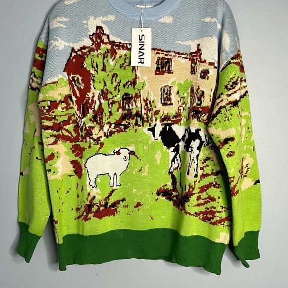 Sinar Crewneck Sweater Irish County Castle Green Cow Sheep Small NWT - Picture 1 of 10
